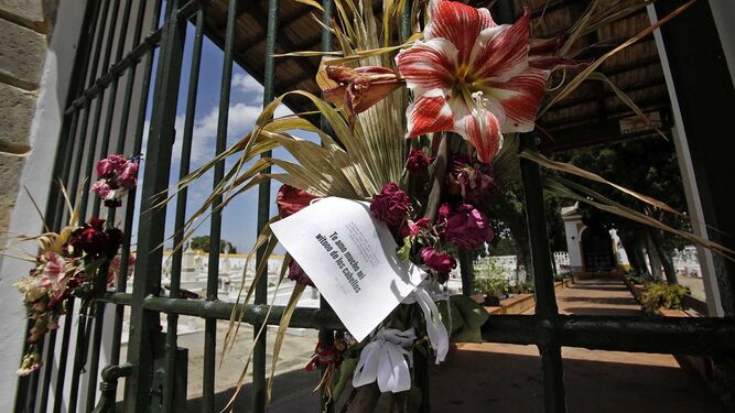 Un ramo de flores en recuerdo a un fallecido en el cementerio municipal de El Puerto.