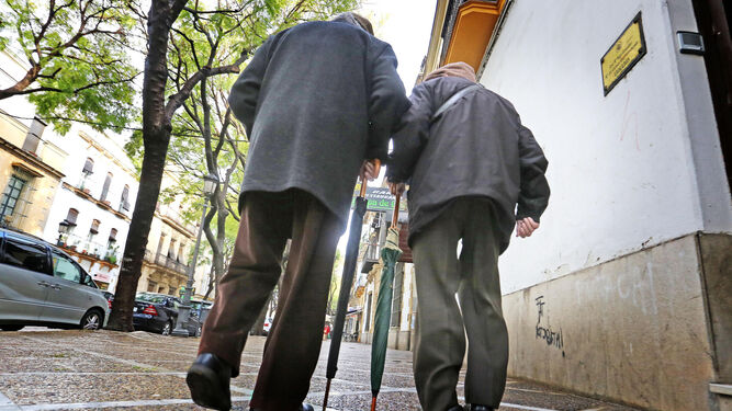 Dos mayores, paseando por una calle de Jerez, antes de la pandemia.