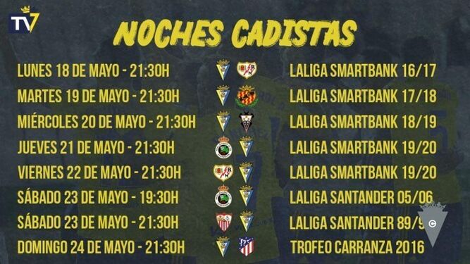 Programación semanal de partidos del Cádiz del pasado que emitirá el club.