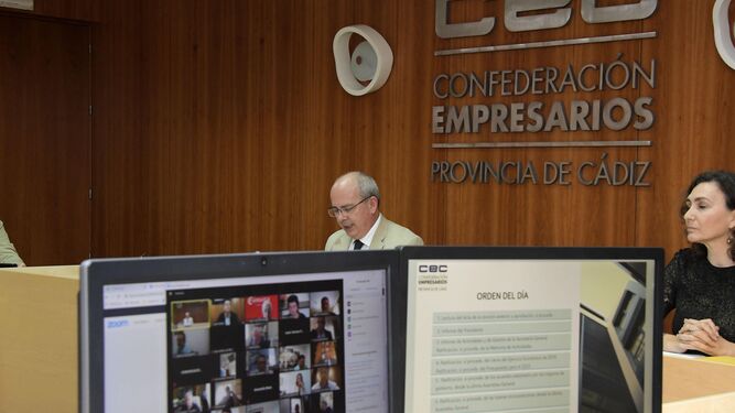 Javier Sánchez Rojas y Carmen Romero, durante la asamblea telemática de la CEC.