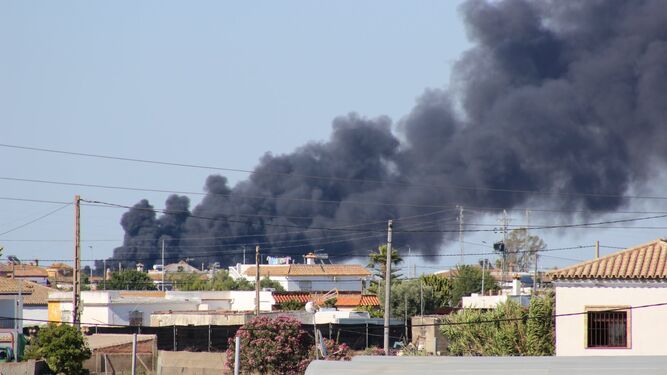 La humareda generada por el último incendio en la planta de recepción de residuos agrícolas de La Algaida.