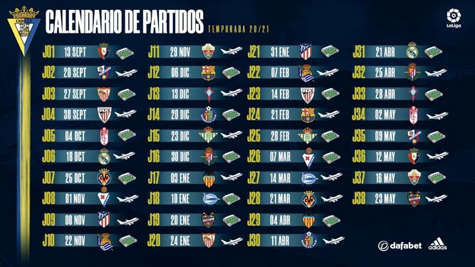 Calendario del Cádiz en la temporada 2020/2021.