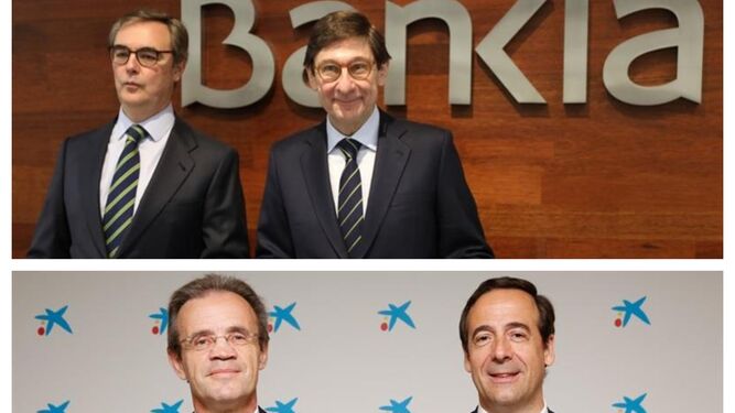 Los máximos directivos de Bankia -arriba- y de Caixabank.