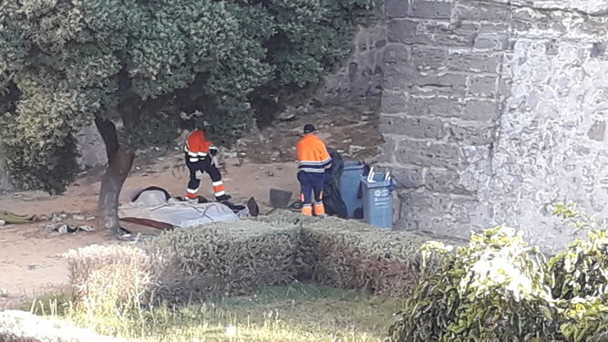 Operarios de la limpieza actuando en el foso de la muralla de Cádiz.