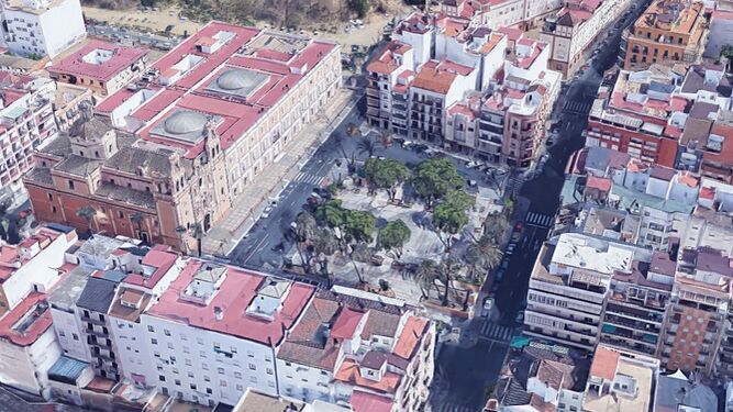 Vista aérea de la Plaza de la Merced, que será totalmente remodelada con la peatonalización de las calles alrededor, excepto el Paseo Independencia.