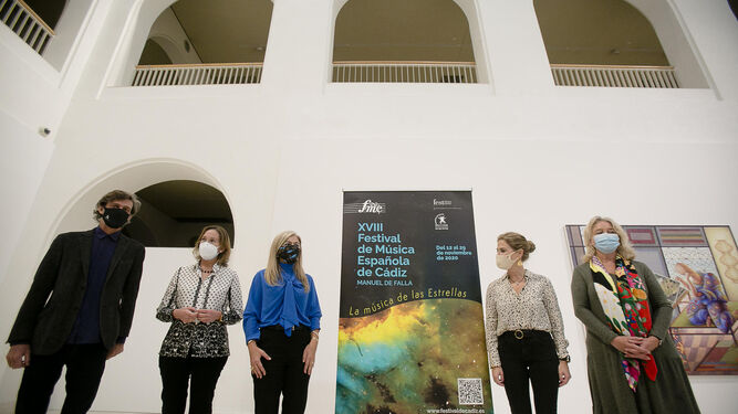 Manuel Ferrand, María del Mar Sánchez, Patricia del Pozo, Ana Mestre y Mercedes Colombo, ayer en el Museo Provincial ante el cartel del festival.