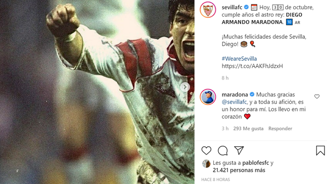 La conversación de Maradona con el Sevilla en Instagram, con una imagen del jugador embarrado.