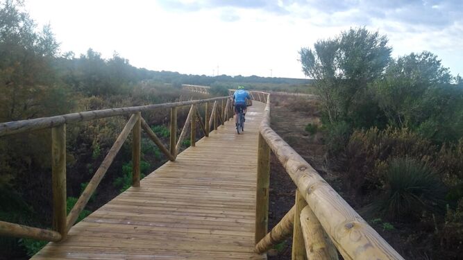 Un ciclista cruza la nueva pasarela de madera en la zona inundable de la laguna Jeli.