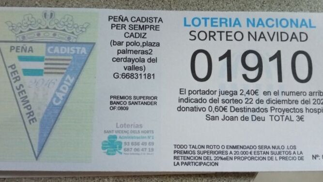 Boleto de lotería de Navidad de Per Sempre Cádiz.