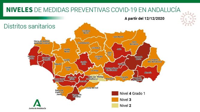 Mapa con los niveles de riesgo en Andalucía.
