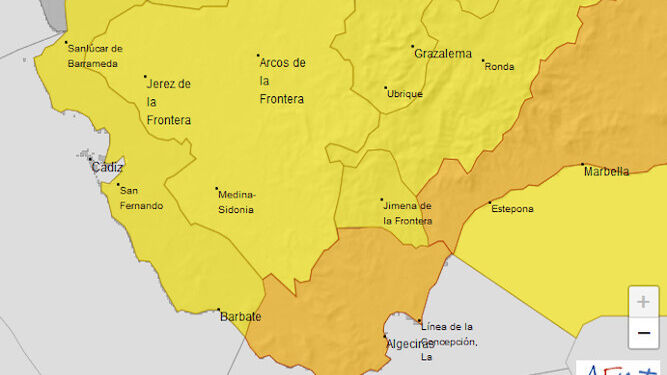 El mapa de Cádiz, amarillo y naranja en riesgo por lluvias.