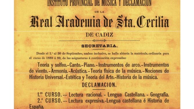 Anuncio de matrícula en la Academia de Santa Cecilia del año 1888.