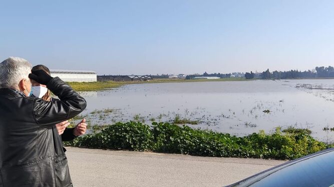 El alcalde de Chipiona visitando cultivos inundados por la borrasca Filomena y la problemática del acuífero de la localidad.