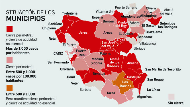 Mapa de la incidencia del coronavirus en la provincia de Cádiz