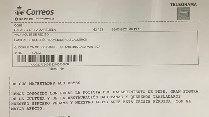 Telegrama de pésame de la Familia Real por la muerte de Pepe Manteca