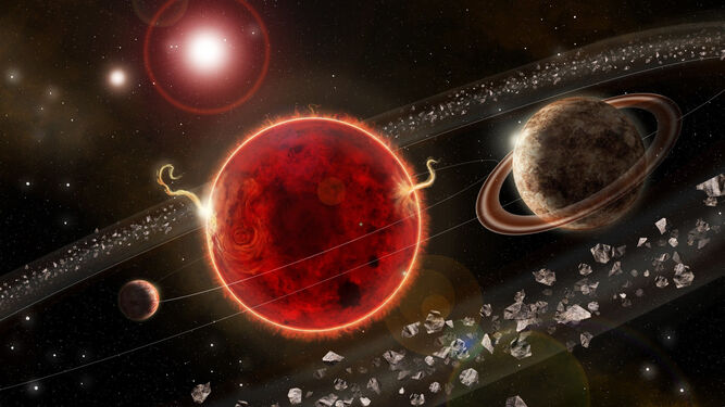 Una recreación de la estrella Próxima Centauri y sus dos planetas
