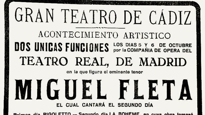 Anuncio en Diario de Cádiz de la actuación de Miguel Fleta, en 1925