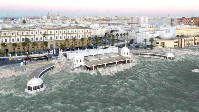 Imagen recreada de un tsunami en Cádiz del documental 'La gran ola'.