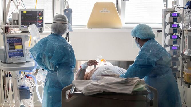 Enfermeras atienden a un enfermo con covid-19