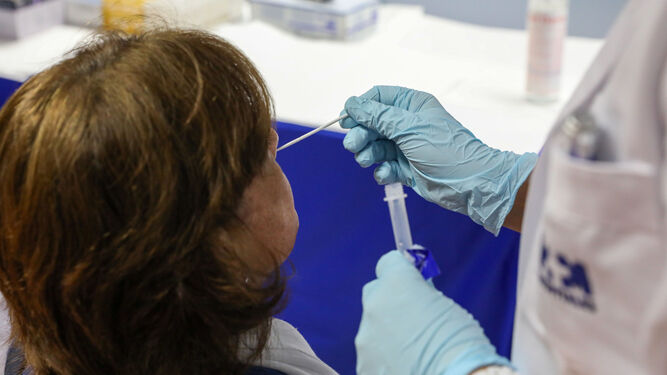 Un sanitario realiza un test de antígenos a una mujer.