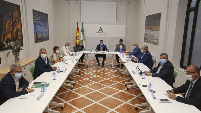El Comité de Expertos sobre la pandemia reunido en Málaga, con la participación del presidente de la Junta y el consejero de Salud.