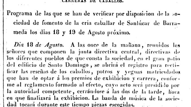 Encabezamiento del programa de carreras de caballos de Sanlúcar los días 18 y 19 de agosto de 1846..