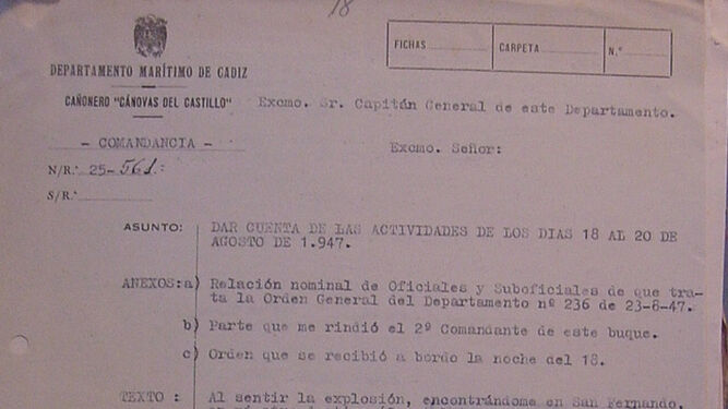 Encabezamiento del informe del cañonero ‘Cánovas del Castillo’ sobre la Explosión de 1947 en Cádiz.