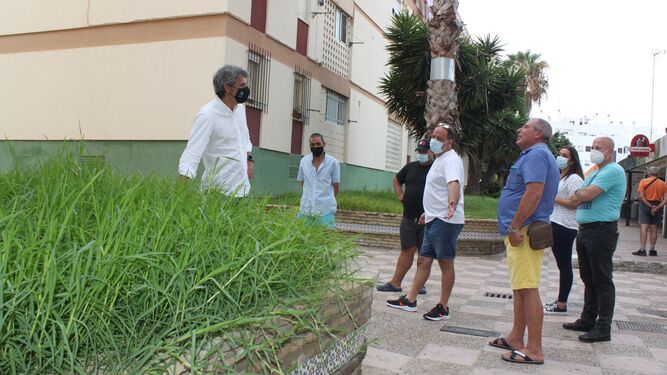 Fran Romero (AxSí) junto a varios vecinos de La Ardila ante una zona verde de la barriada pendiente de cuidado desde hace semanas.