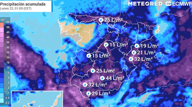 Previsión de tiempo.com de precipitaciones acumuladas el lunes.