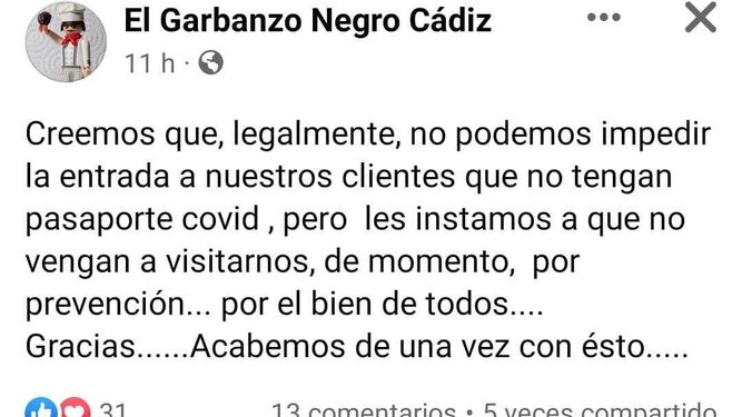 El post en Facebook de El Garbanzo Negro.