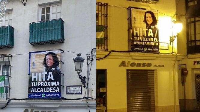 A la izquierda, el cartel que presentaba a Hita como alcaldesa, y a la derecha el que lo sustituyó a los pocos días modificando el eslogan.