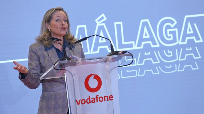 Nadia Calviño tras la presentación del hub de innovación de Vodafone en Málaga.