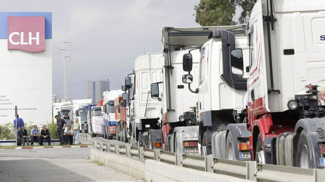 Cola de camiones en una carretera del Campo de Gibraltar.