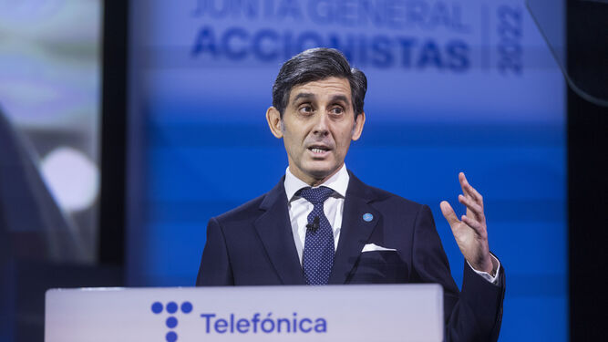 El presidente de Telefónica, José María Álvarez-Pallete, interviene en la última junta general de accionistas.