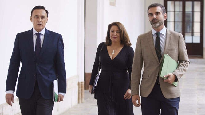 Los consejeros de Universidad, José Carlos Gómez Villamandos; Agricultura, Carmen Crespo; y el portavoz del Gobierno, Ramón Fernández-Pacheco.