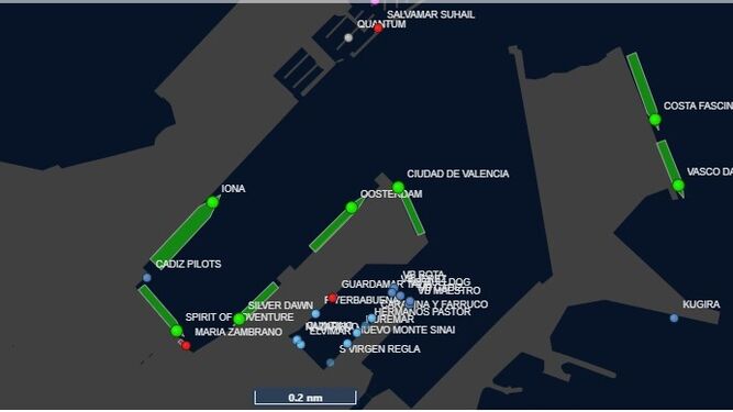 Mapa en el que se queda reflejada cada ubicación de los seis cruceros que este martes han ocupado el puerto de Cádiz.