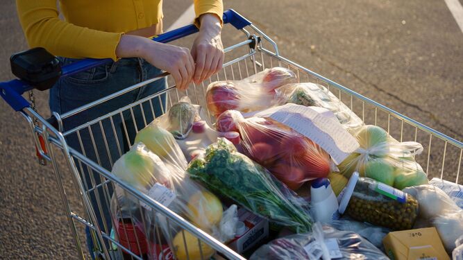 Distintos alimentos envueltos o presentados en bolsas o recipientes de plástico.