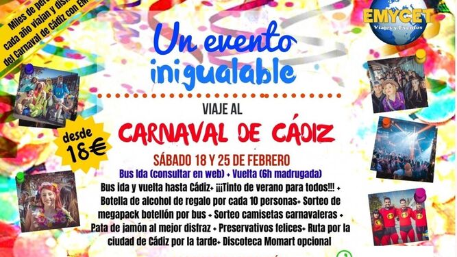 Cartel que circula por las redes con los detalles del viaje a Cádiz durante los Carnavales