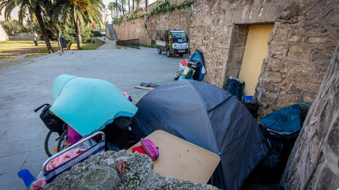 Varias tiendas de campaña de personas sin hogar, en el parque de las murallas de Puerta Tierra