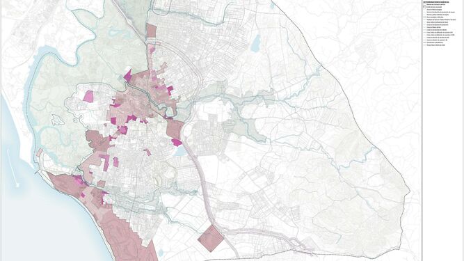 El mapa de los futuros suelos urbanos del término municipal contemplados en el POU; en color, todos los suelos propuestos por el Ayuntamiento