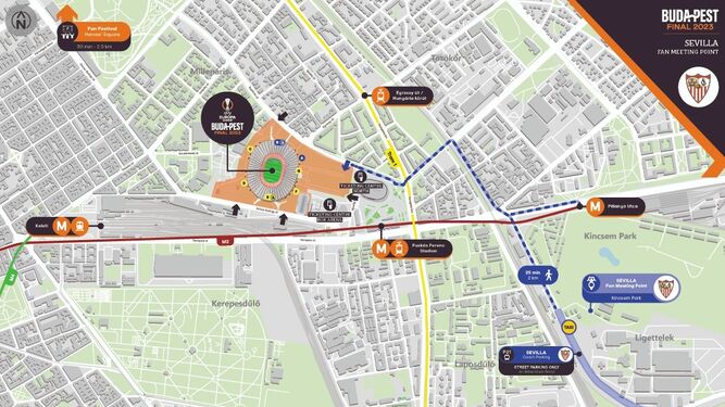 Plano de Budapest con las indicaciones del transporte público al estadio.