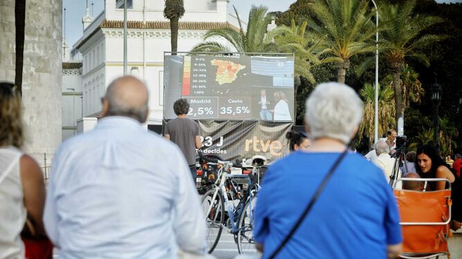 Gaditanos frente a la pantalla de RTVE en La Caleta, con el programa especial de elecciones.