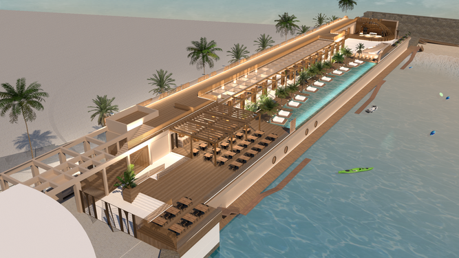 Una recreación de la terraza del ‘beach club’ de la Punta de San Felipe, con el restaurante en primer plano, la piscina y el escenario a continuación y al fondo, el acceso a la playita bajo la muralla.