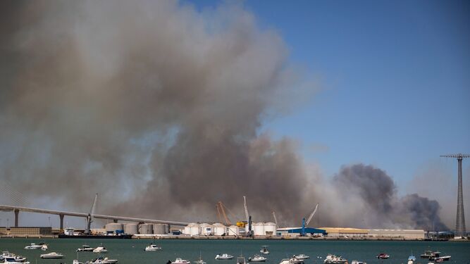 La humareda del incendio vista desde Cádiz.