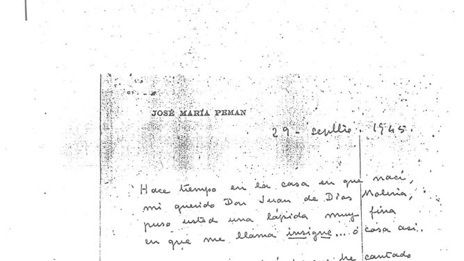 Encabezamiento de la carta de Pemán a Juan de Dios Molina.