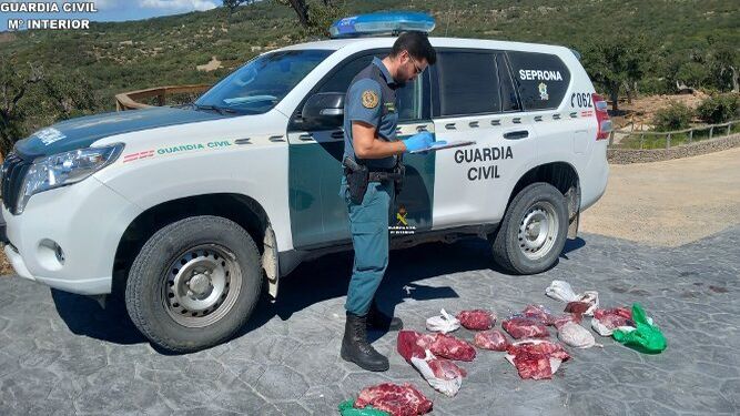 Un agente de la Guardia Civil hace recuento de las bolsas de carne.