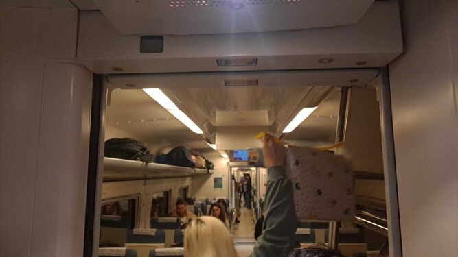 Usuarios de Renfe atrapadados este domingo en un tren que debía unir Cádiz con Sevilla.