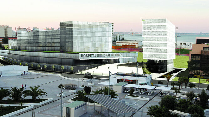 Imagen virtual del  hospital  regional  de Cádiz en el solar de CASA según recreación de 2008.