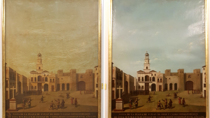 'Plaza de San Juan de Dios en 1596', antes y después de su restauración.
