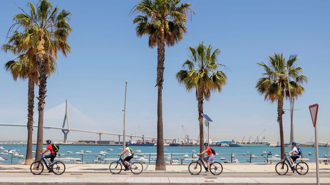 Ciclistas por la avenida de la Bahía en Cádiz